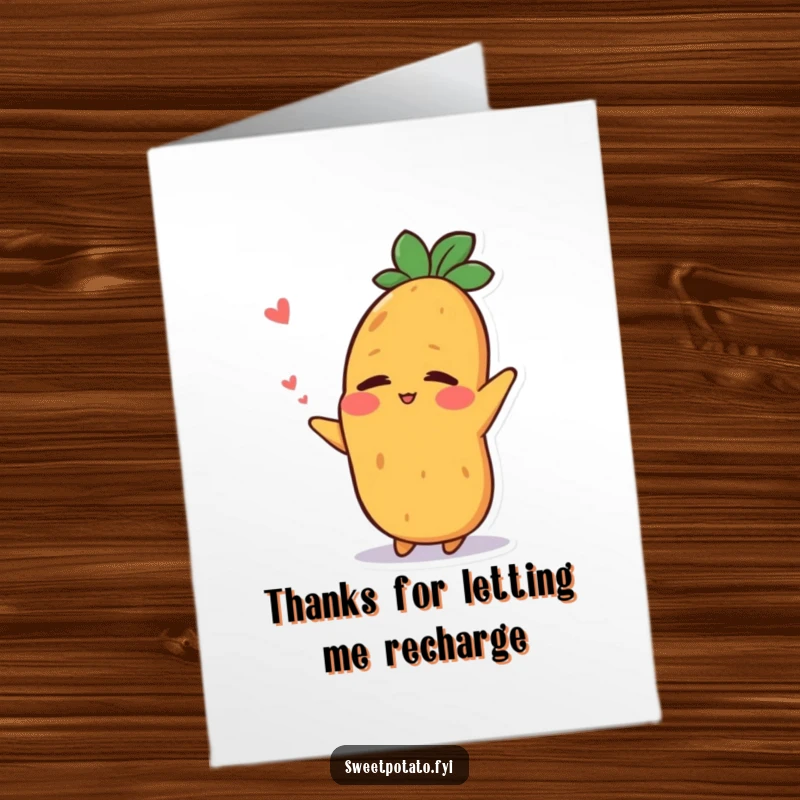 Funny free printable thank you card of a sweet potato character stretching contentedly with a relieved smile, embodying post-nap happiness.