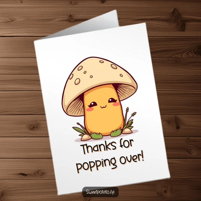 Funny Free Printable Thank You Card: A smirking sweet potato playfully peeks from behind a large mushroom, offering thanks.