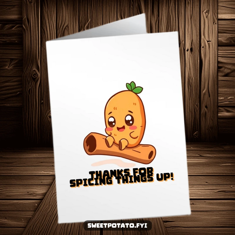 Funny Free Printable Thank You Card: Sweet Potato with Wide Eyes Sliding Down Cinnamon Stick