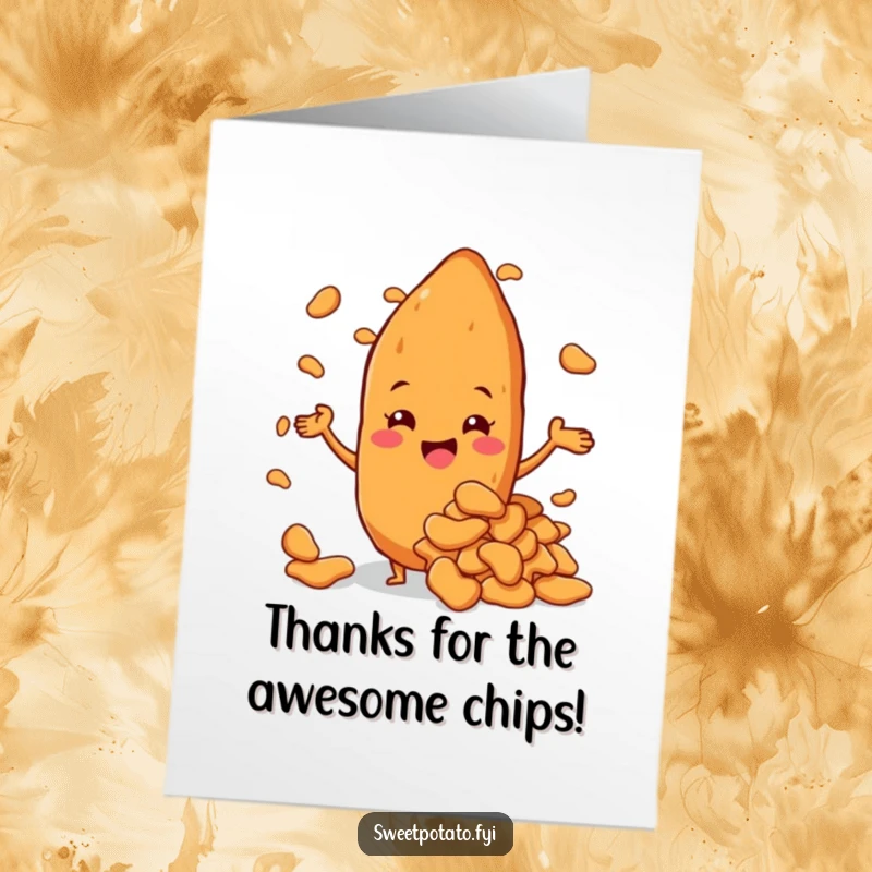 Funny Free Printable Thank You Card: A sweet potato character proudly presenting a huge mound of sweet potato chips.