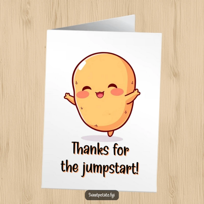 Funny Free Printable Thank You Card: A cheerful sweet potato with rosy cheeks captured mid-air, offering heartfelt thanks with a playful bounce.