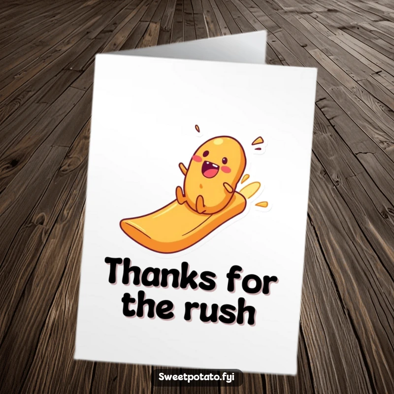 Funny Free Printable Thank You Card: An excited sweet potato character zipping gleefully down a slide made of potato crisps.