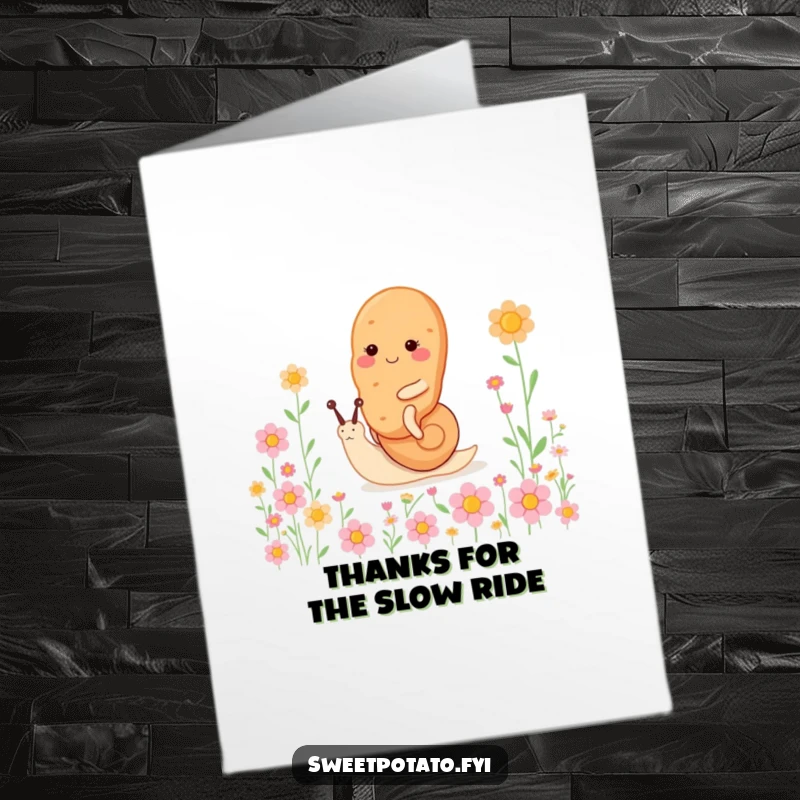Funny Free Printable Thank You Card: A sweet potato character taking a happy snail ride through flowers, conveying warm thanks.