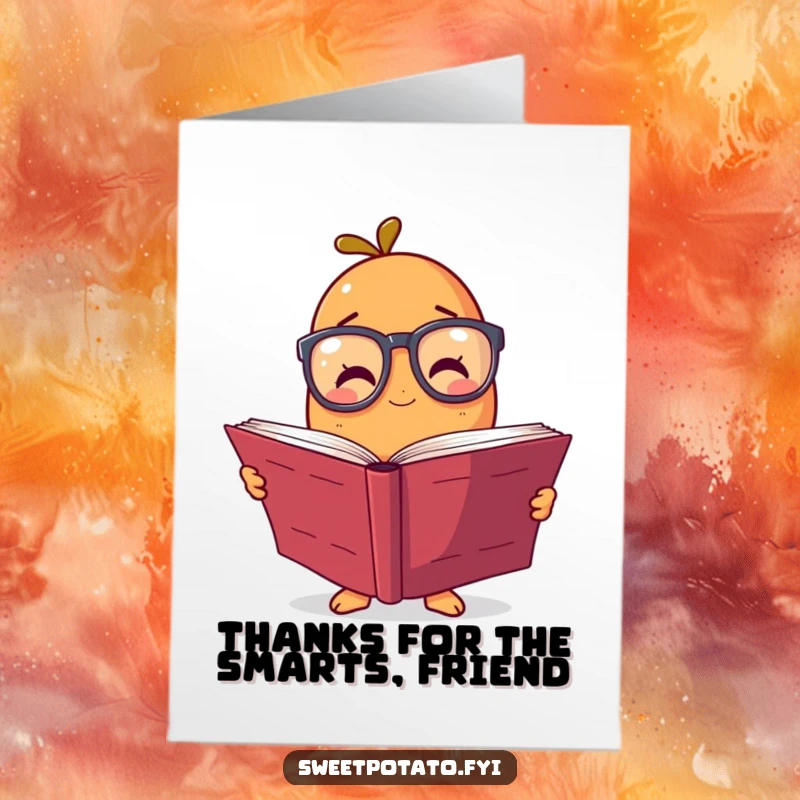 Funny Free Printable Thank You Card: A sweet potato with spectacles holds a book, conveying thanks with a smile.