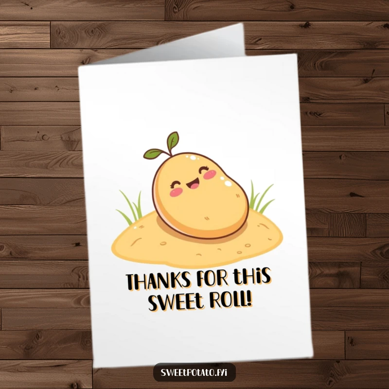 Funny Free Printable Thank You Card featuring a happy sweet potato rolling down a sandy hill, conveying thanks.