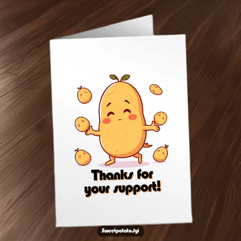Funny Free Printable Thank You Card: A cheerful sweet potato character juggles small potatoes, sending thanks with a big grin.
