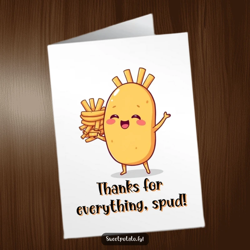 Funny Free Printable Thank You Card: Sweet potato character giggles while balancing a ridiculous stack of yummy french fries.