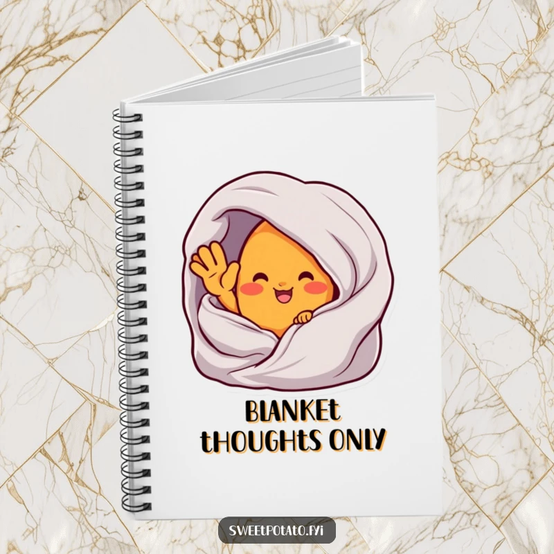 Funny notebook cover featuring a sweet potato character waving from inside a cozy blanket, perfect for note-taking.