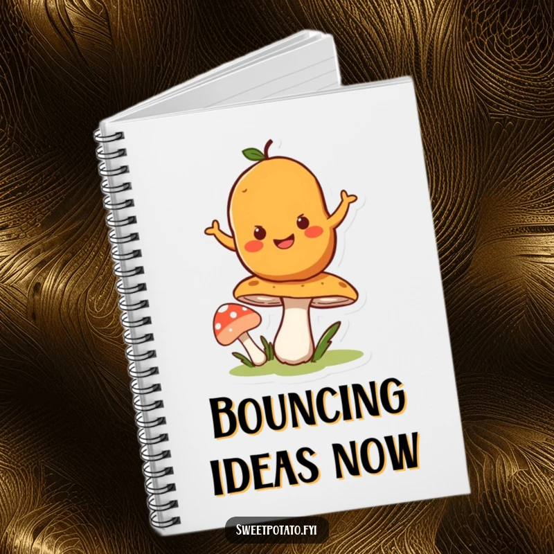 Funny notebook with a happy sweet potato character bouncing on a springy mushroom, inspiring energetic thoughts.