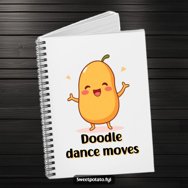 Funny notebook with a sweet potato character dancing happily, ideal for jotting down creative ideas and joyful notes.