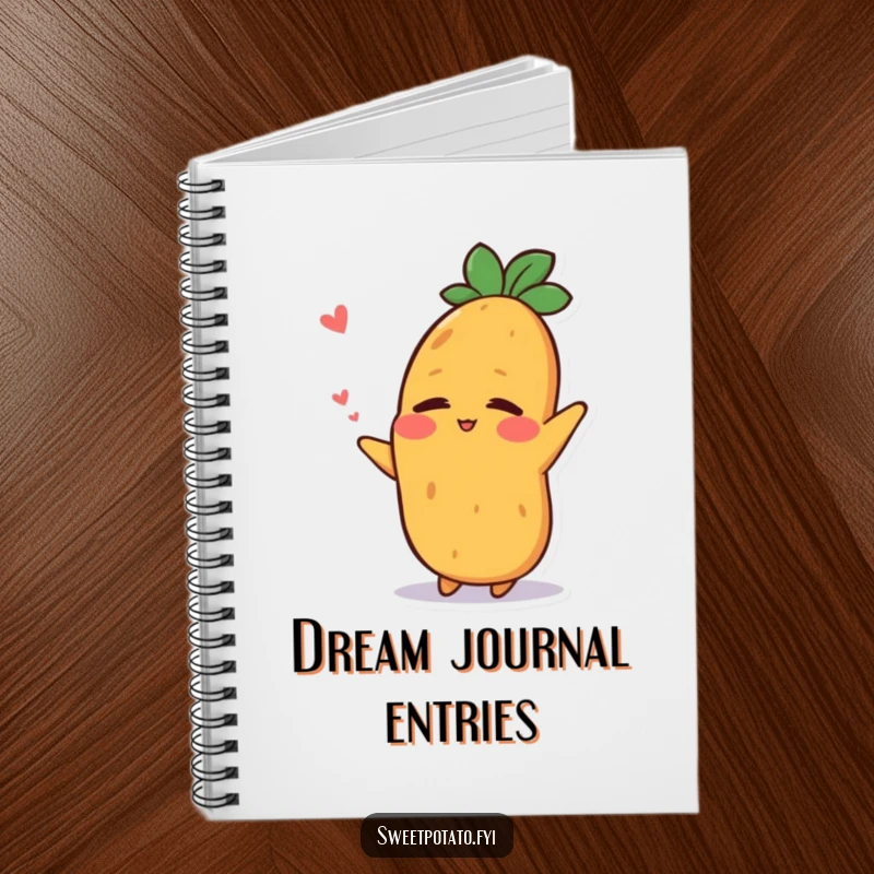 Funny notebook cover featuring a sweet potato character stretching with a relieved smile after a nap, perfect for note-taking.
