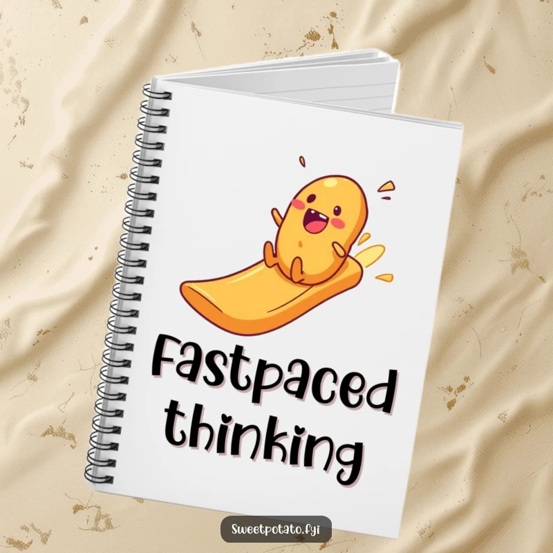 Funny sweet potato character zooming down a crisp slide, a humorous notebook for exciting ideas.
