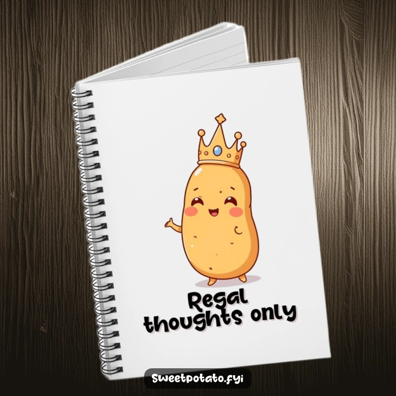 Funny notebook cover with a sweet potato wearing a crown, striking a pose, inspiring important notes with potato grandeur.