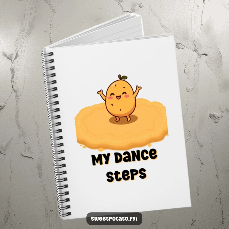 Funny sweet potato character doing a happy little dance on a bed of brown sugar, a joyful and funny notebook.