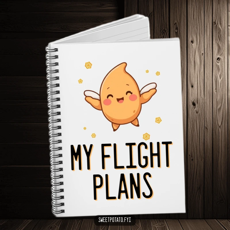 Funny sweet potato character with tiny wings soaring through a magical cloud of cinnamon sugar, a whimsical notebook.