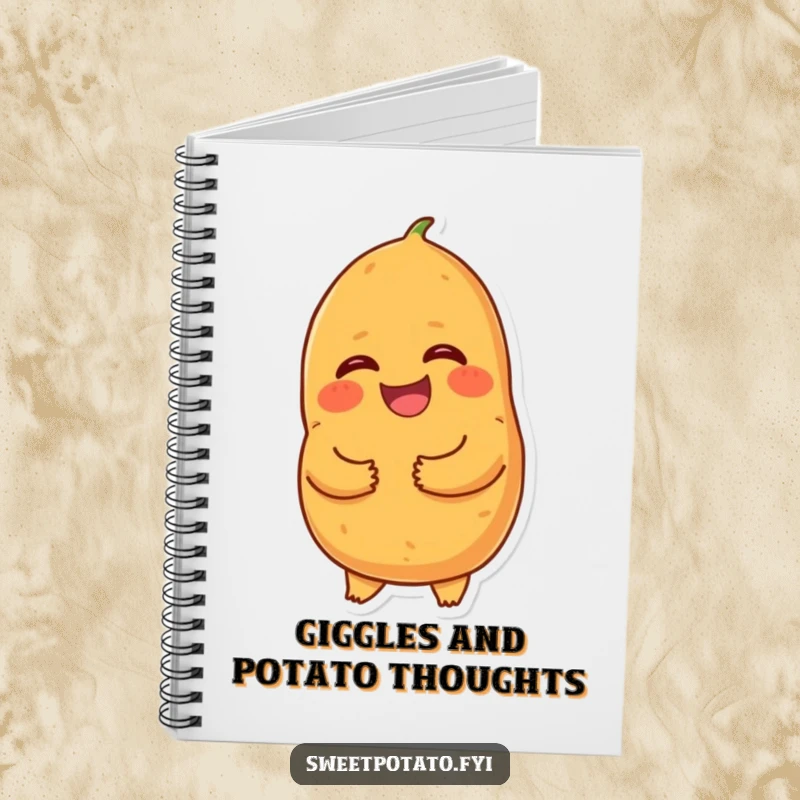 Funny giggling sweet potato notebook, featuring a cartoon sweet potato holding its tummy and laughing, ideal for jotting down notes with a smile.