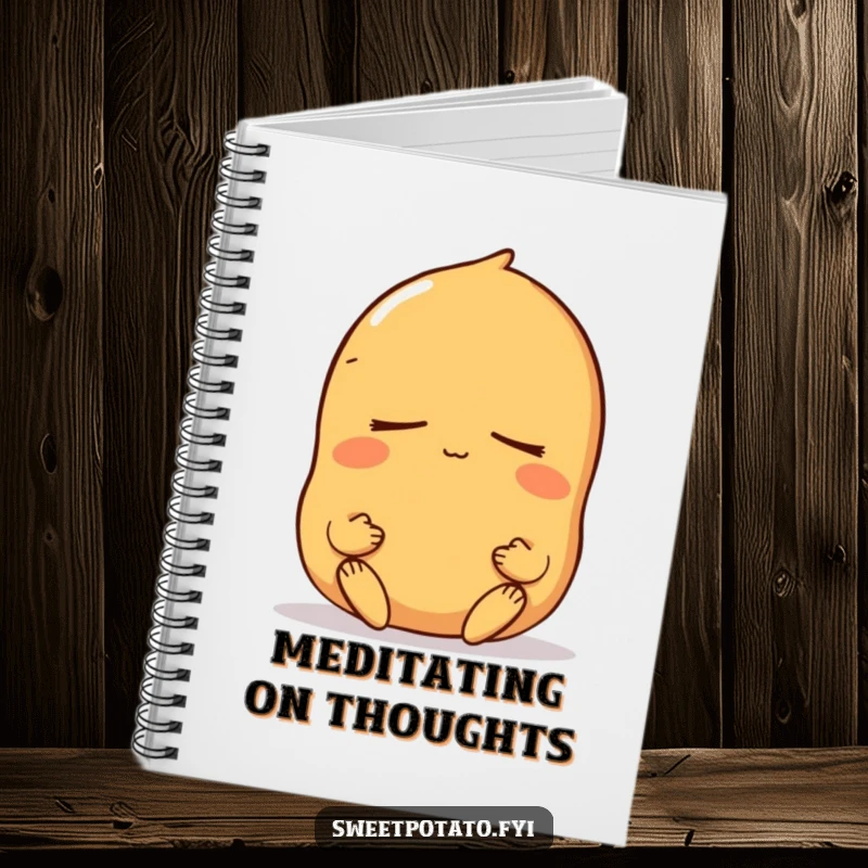 Funny sweet potato notebook featuring a peaceful meditating character, ideal for taking notes with a touch of serene mindfulness.