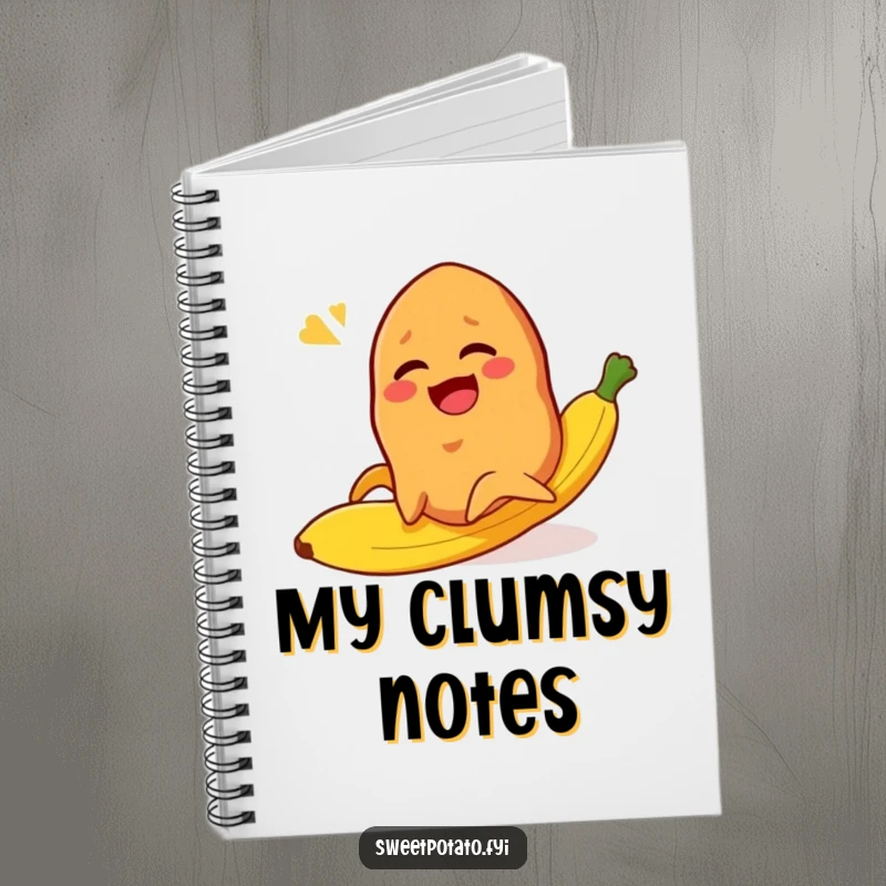 Funny sweet potato character slipping comically on a banana peel on the cover of a notebook, inspiring amusement.