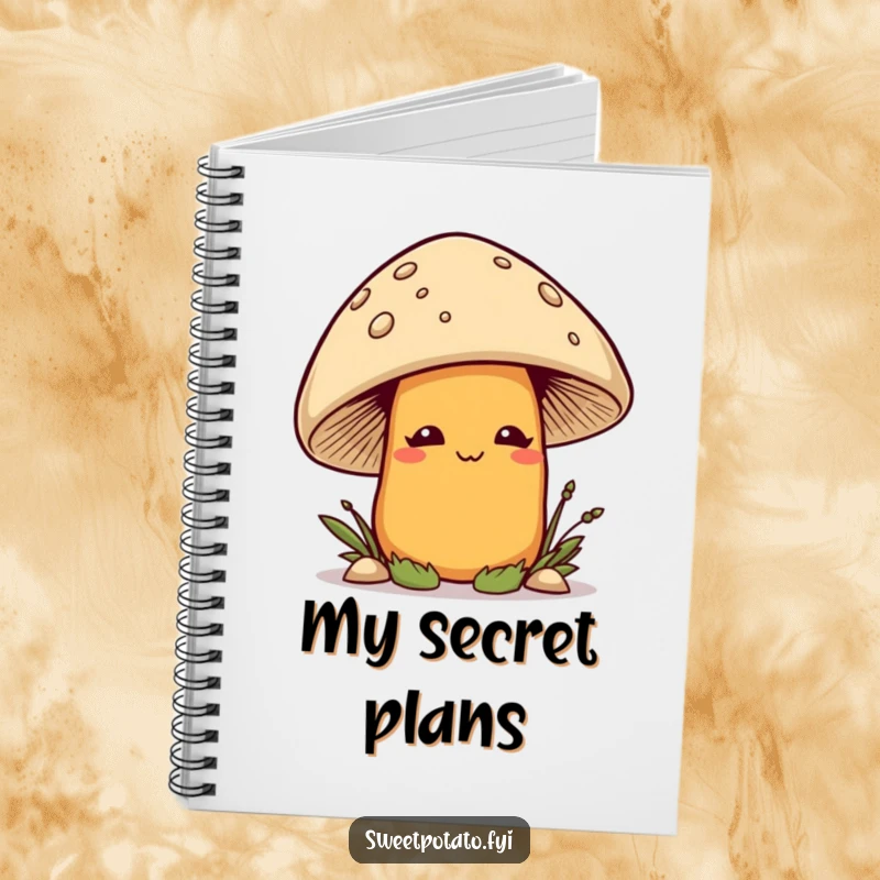 Funny smirking sweet potato character playfully peeking out from behind a mushroom, featured on a humorous notebook.