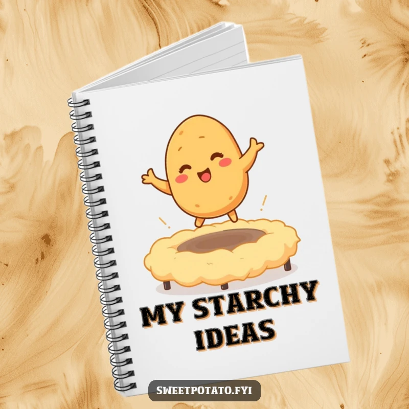 Funny notebook with a tickled sweet potato character bouncing on a mashed potato trampoline, perfect for jotting down cozy thoughts and doodles.