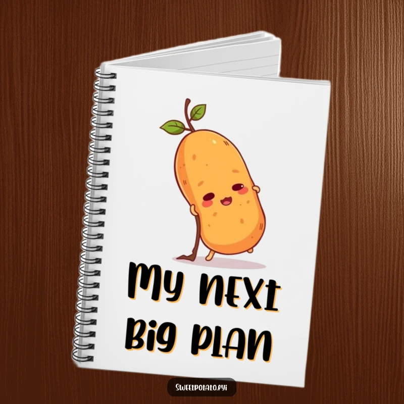 Funny sweet potato notebook with a determined spud climbing a twig. Perfect for notes, plans, and motivational journaling.