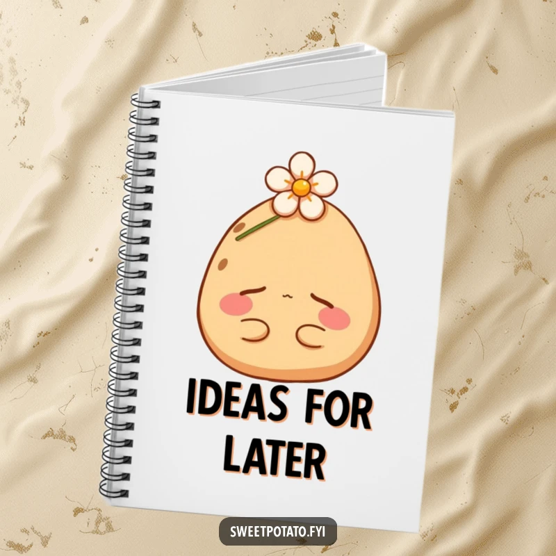 Funny sweet potato notebook with a content spud resting under a flower. Perfect for notes, journaling, and adding humor.