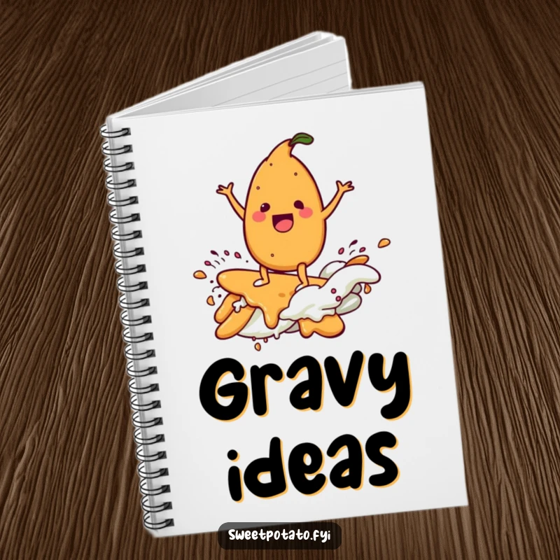 Funny notebook cover with a delighted sweet potato character surfing a gravy wave, perfect for notes and recipe ideas.