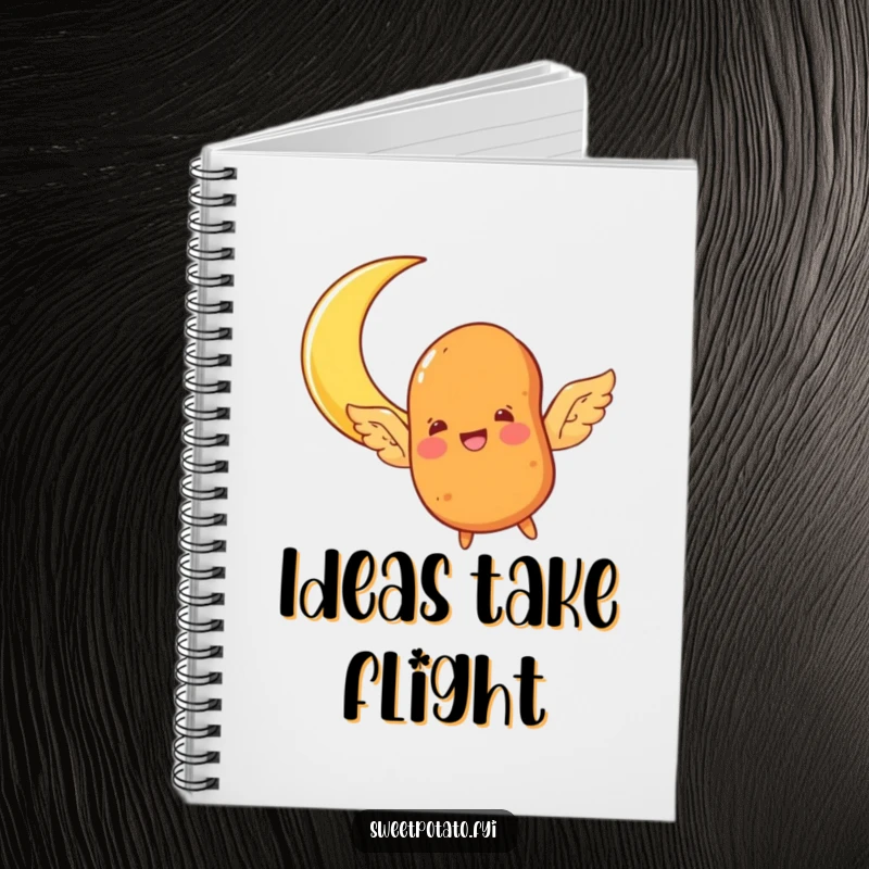 Funny sweet potato character notebook, sprouting wings and joyfully flying towards a crescent moon, ideal for dream journaling.