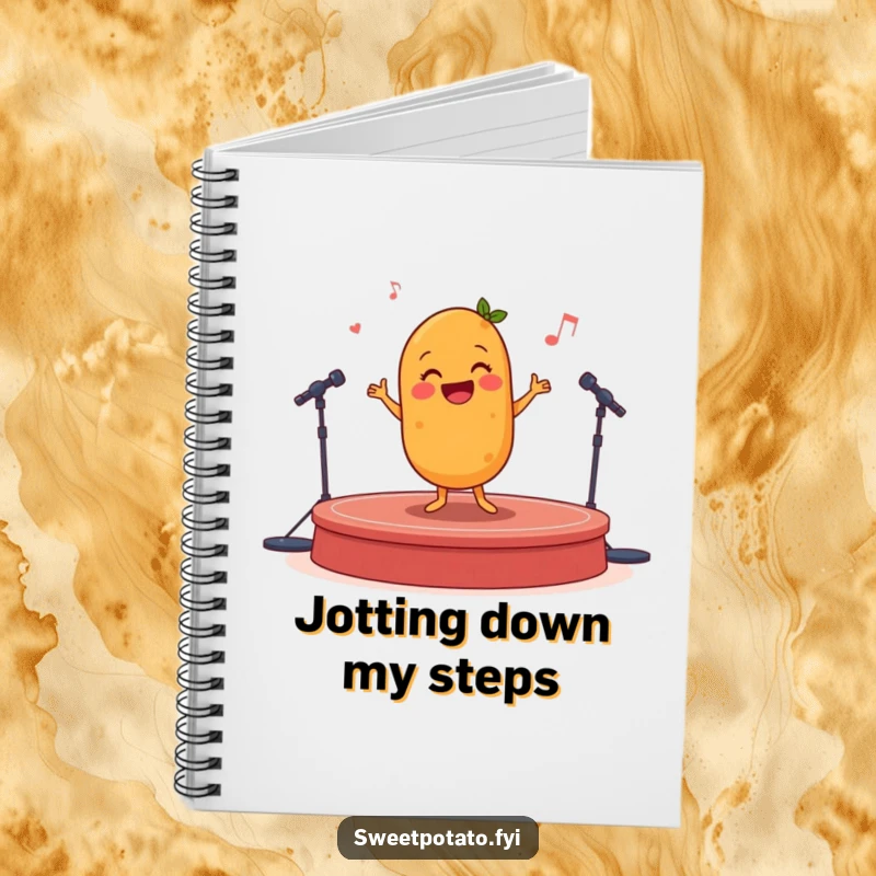 Funny sweet potato performing a happy jig, a humorous notebook for capturing creative thoughts.