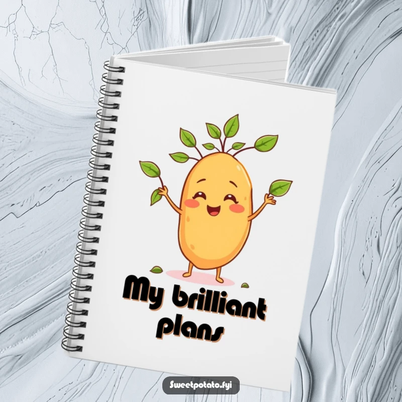 Funny notebook cover with a sweet potato character juggling leaves, encouraging creative and humorous entries.