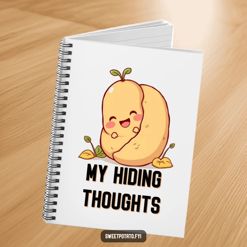 Funny sweet potato character playing hide-and-seek, a humorous notebook for playful ideas.