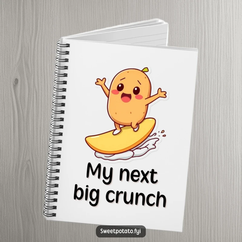 Funny notebook: A sweet potato character enthusiastically surfs on a giant potato chip, inspiring creative thoughts and fun journaling.