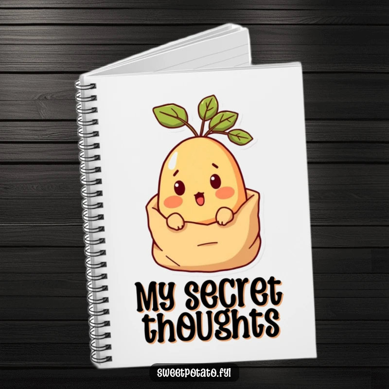 Funny Surprised Sweet Potato Notebook with a sweet potato character peeking out of a sack, perfect for jotting down notes.