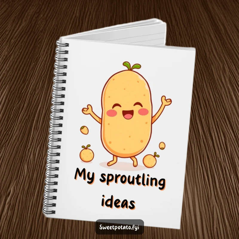Funny notebook cover with a delighted sweet potato character dancing joyfully with little spuds, inspiring creative expression.