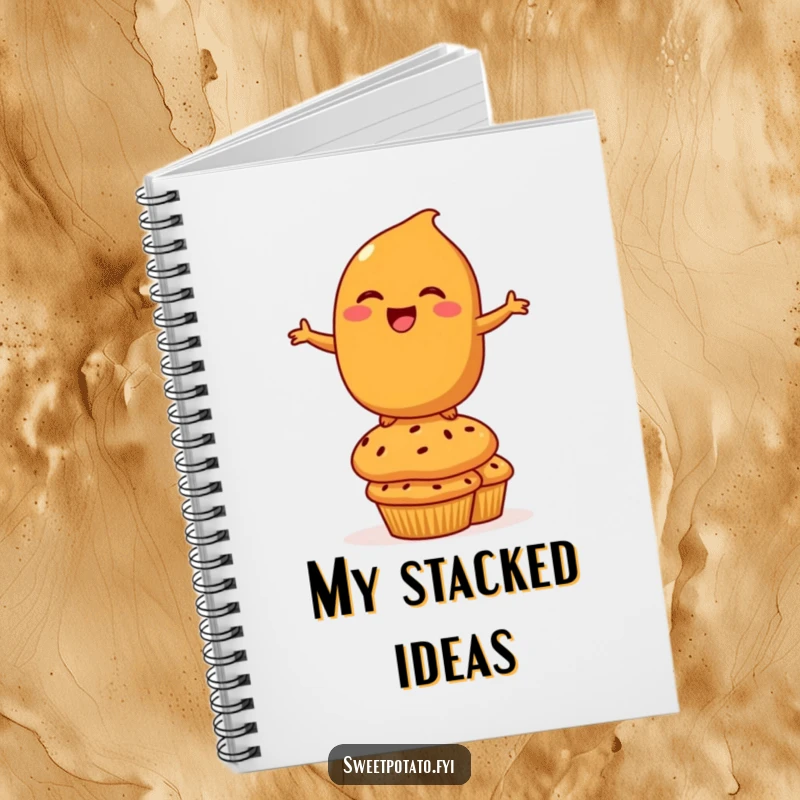 Funny Notebook: A journal featuring a laughing sweet potato character balancing on muffins, perfect for capturing thoughts and brilliant ideas.