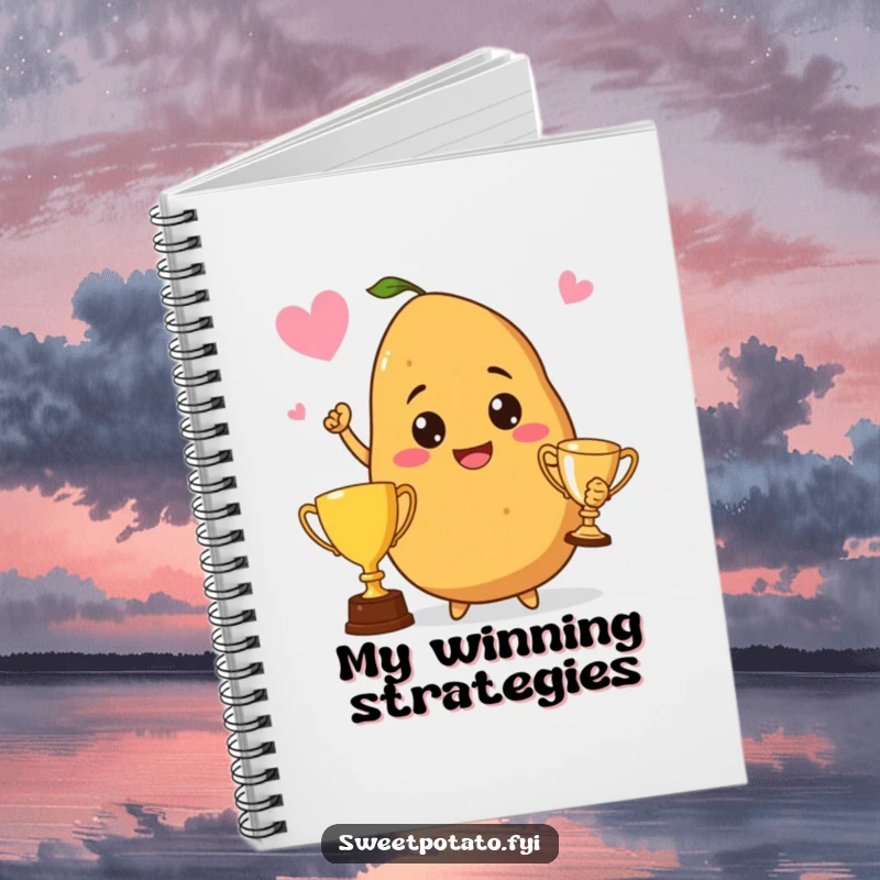 Funny notebook cover with a proud sweet potato holding a trophy, inspiring users to record their own victories.