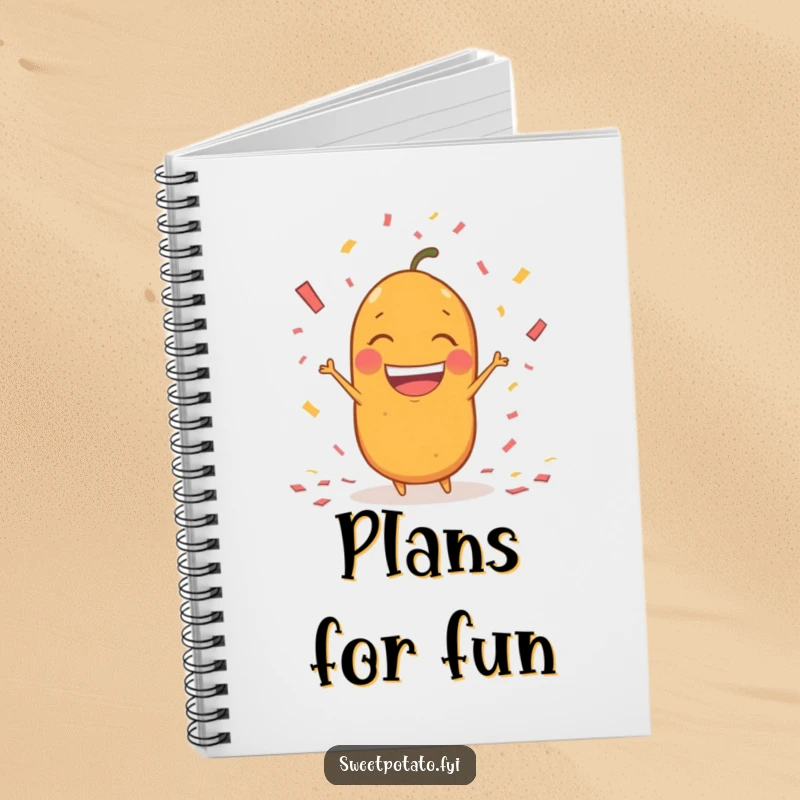 Funny sweet potato character notebook, throwing confetti with a huge, excited grin, ideal for festive journaling.