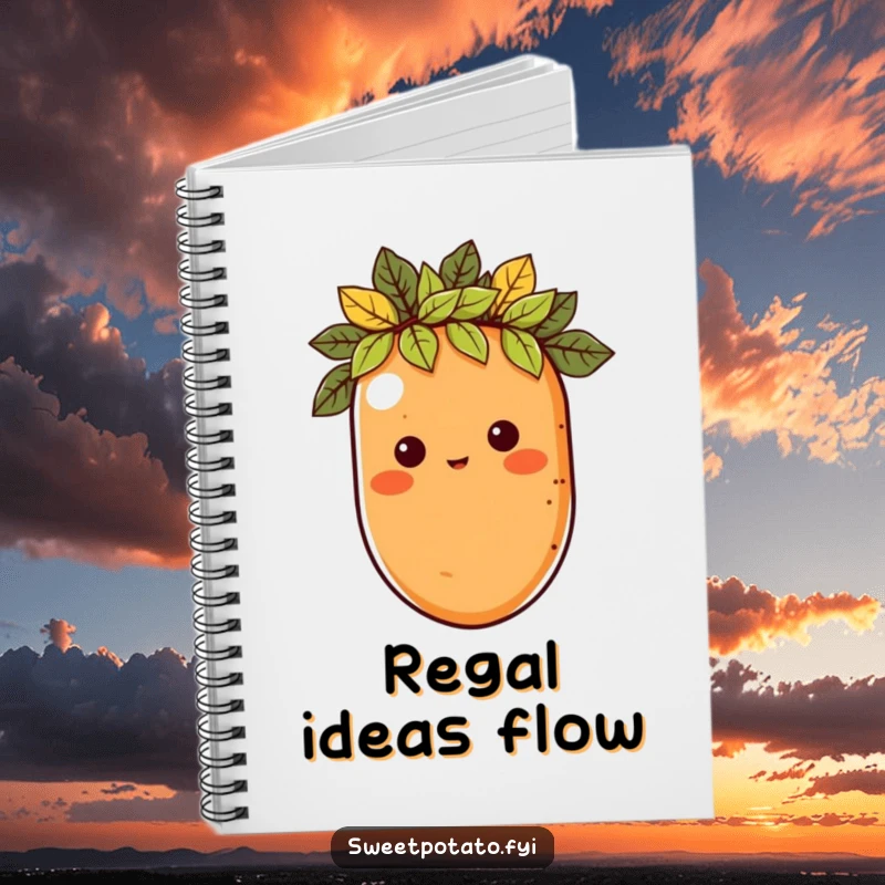 Funny notebook with a sweet potato character wearing a leaf crown, ideal for noting down royal decrees and funny ideas.