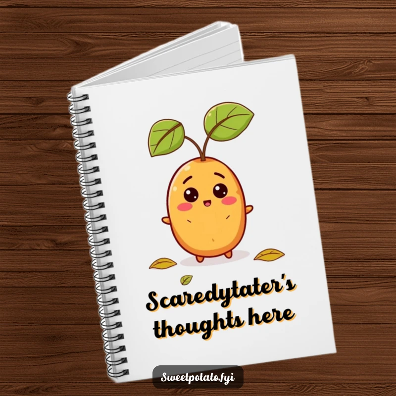 Funny notebook cover featuring a sweet potato character with a shocked expression over a falling leaf, for note-taking.