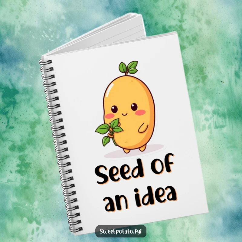 Funny notebook with a sweet potato character holding a tiny sprout, perfect for noting down ideas and growth plans.