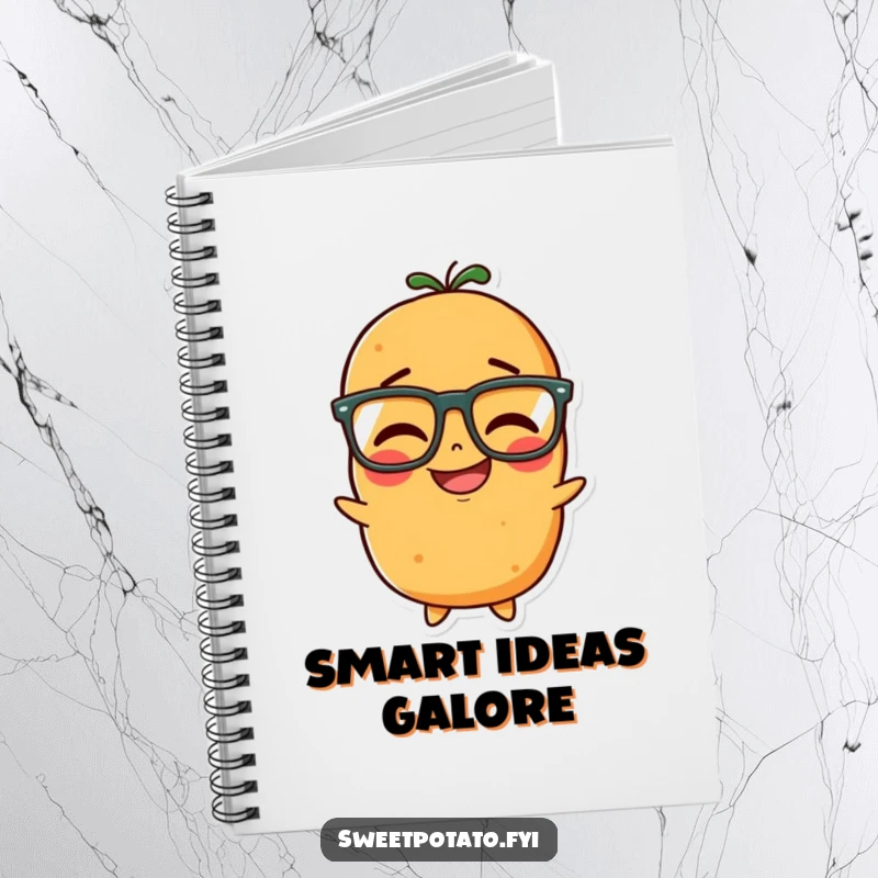 Funny notebook cover featuring a sweet potato character with glasses, giggling with studious delight.