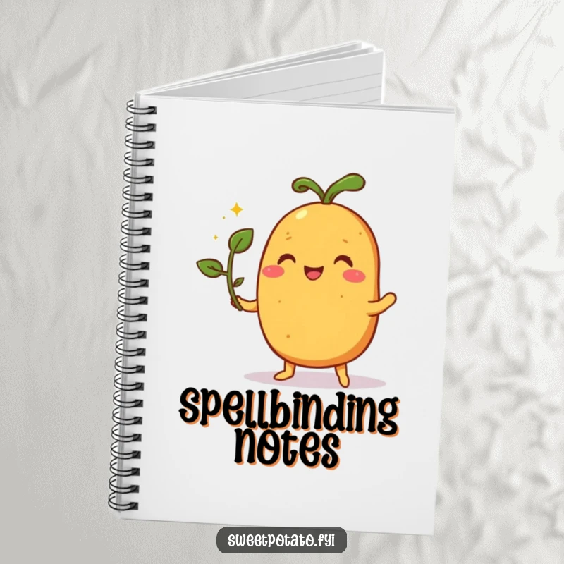 Funny notebook cover with a pleased sweet potato character performing a magic trick with a sprout, inspiring wonder.