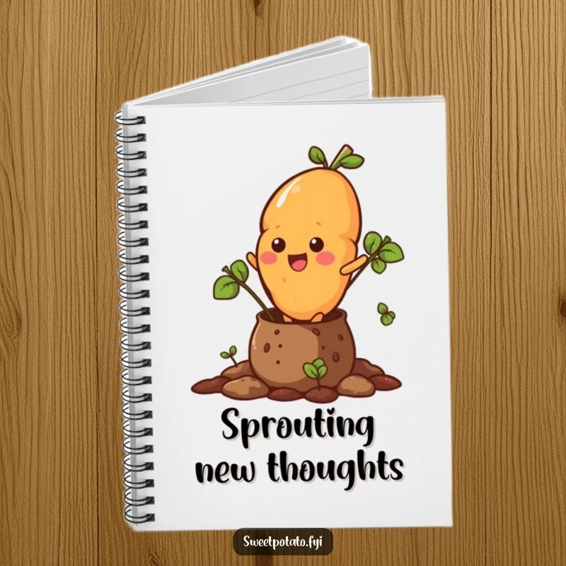 Funny notebook cover featuring a sweet potato character bursting out of a soil pot, symbolizing new beginnings.