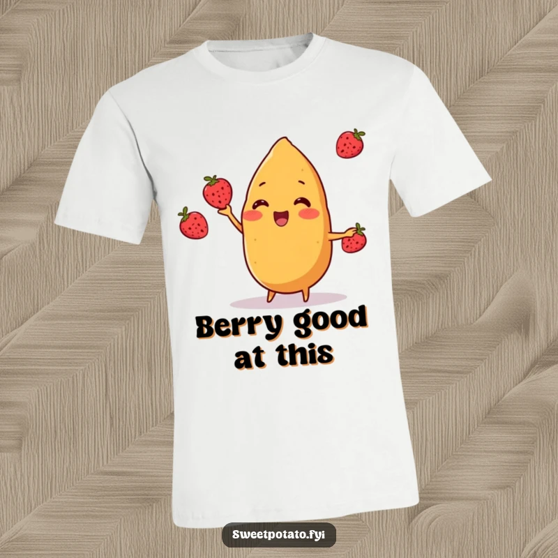 Funny sweet potato character cheerfully juggling three small berries on a t-shirt, showcasing a fun and humorous healthy food theme, a funny gift.