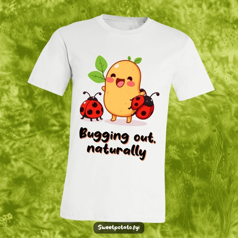 Funny sweet potato t-shirt depicting a determined character excitedly attempting to ride a ladybug, showcasing an odd friendship.