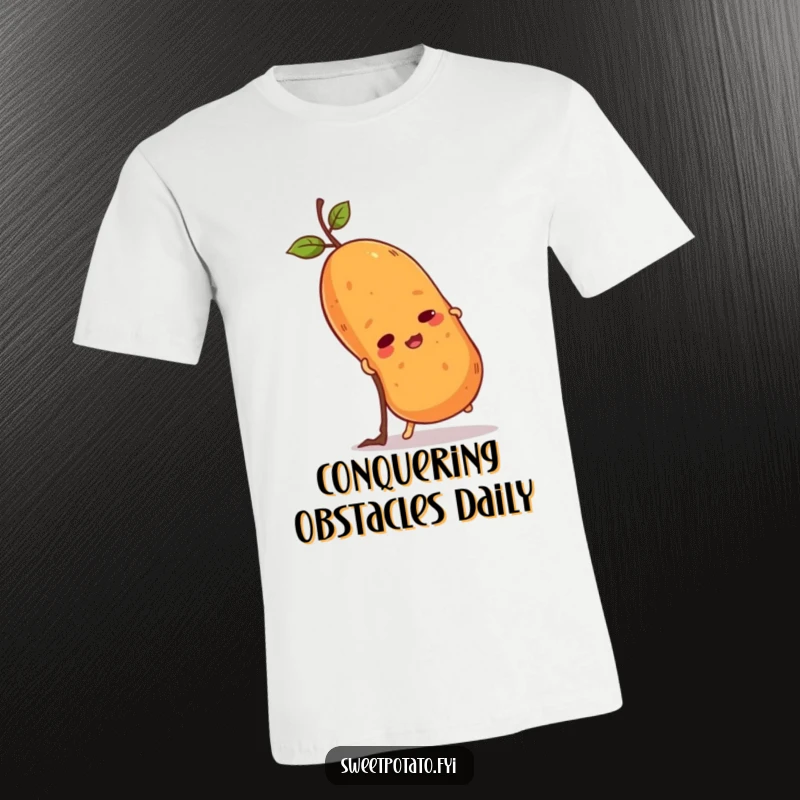 Funny sweet potato t-shirt illustrating a resolute spud making its way up a tiny twig. A humorous and inspiring design.