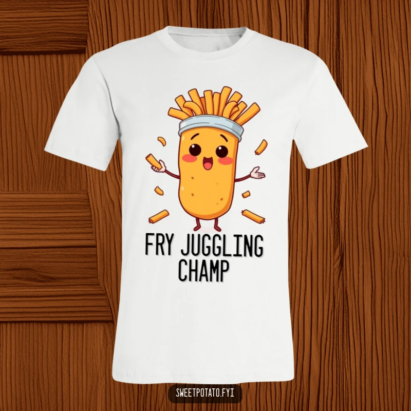Funny t-shirt showcasing a shocked sweet potato character in mid-air, juggling golden sweet potato fries with a comical look of panic.