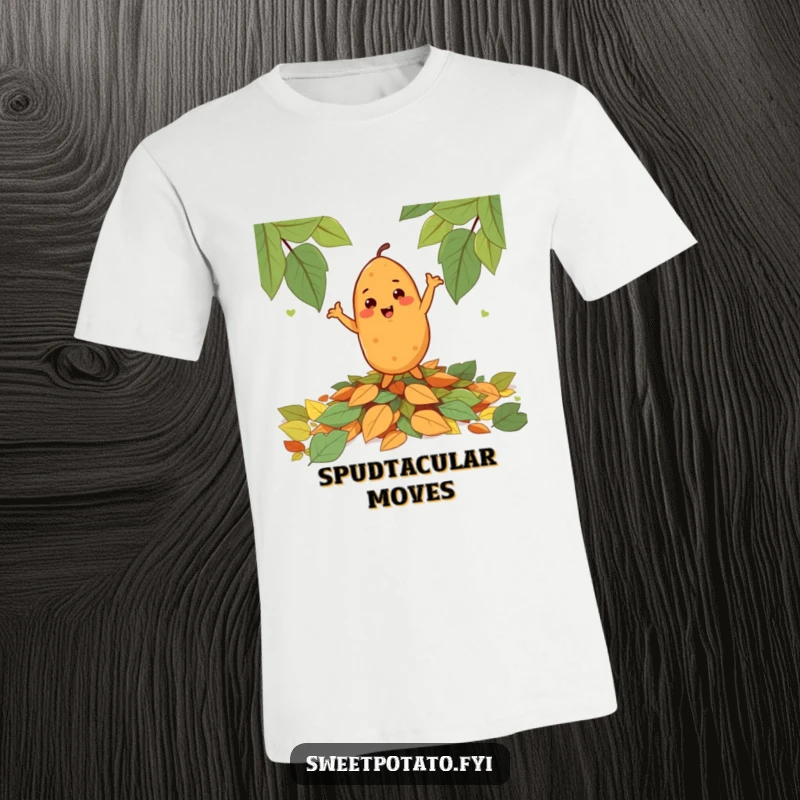 Funny cheerful sweet potato character doing a happy dance on autumn leaves, printed on a hilarious t-shirt.
