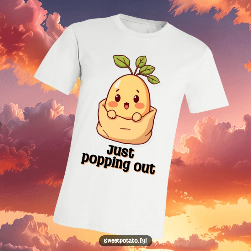 Funny Surprised Sweet Potato T-Shirt showing a sweet potato character peeking with surprise from a potato sack.