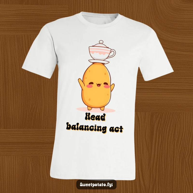 Funny t-shirt featuring a sweet potato character attempting to balance a tiny teacup on its head, looking determined and humorous.